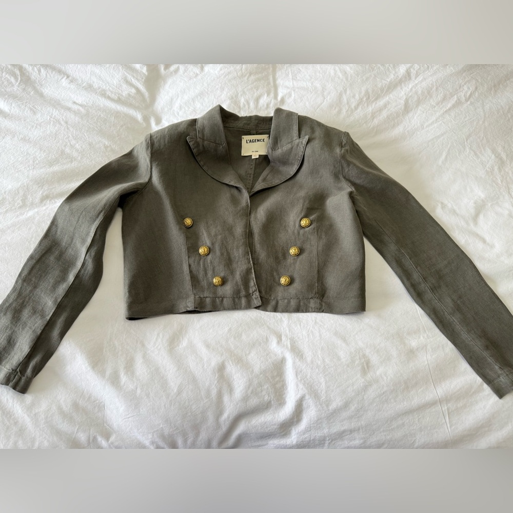 L’AGENCE | SZ Medium | Dolly Olive Green Cropped Military Style Blazer | Linen - Picture 1 of 11
